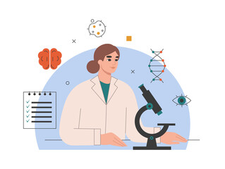 Biology, neurobiology, biotechnology science concept. Woman scientist working with a microscope in a medical lab. Scientific research and innovation. Isolated flat vector illustration