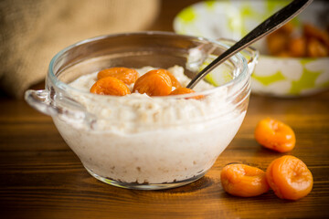 cooked boiled sweet oatmeal with dried apricots in a bowl