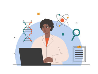 Biotechnology, genetics, physics science concept. African american woman scientist working on a computer in a medical lab. Scientific research and innovation. Isolated flat vector illustration