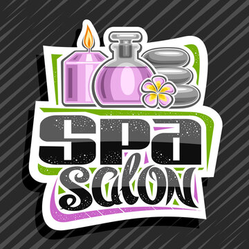 Vector logo for Spa Salon, decorative sign board with illustration of burning candle and purple frangipani bud, white label with unique brush lettering for black words spa salon on grey background.