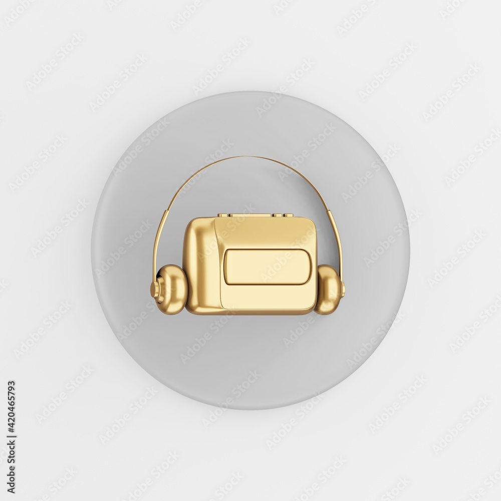 Poster golden vintage audio cassette player icon. 3d rendering gray round key button, interface ui ux eleme