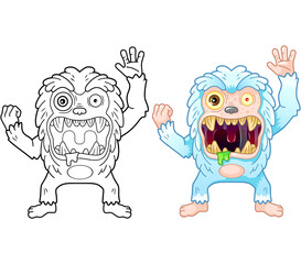 cartoon cute bigfoot monster, coloring book, funny illustration