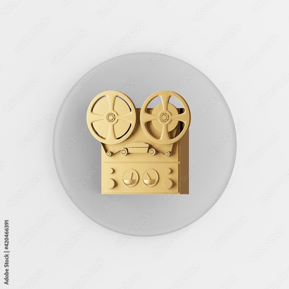 Poster gold reel tape recorder icon. 3d rendering gray round key button, interface ui ux element.