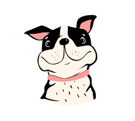 Pug or bulldog illustration, cute animal design of funny smiling happy dog. Vector dog for kids illustration.