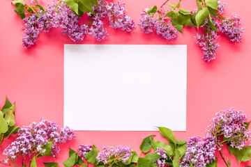 Spring flowers mock up. Purple flowers with green leaves. Space for text