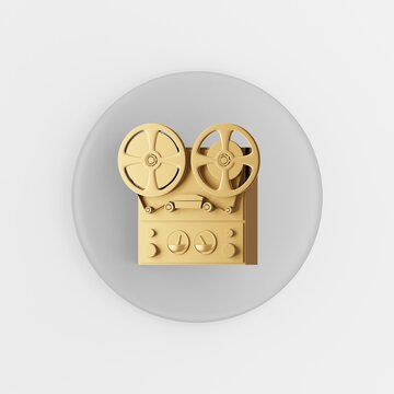 Gold Reel Tape Recorder Icon. 3d Rendering Gray Round Key Button, Interface Ui Ux Element.