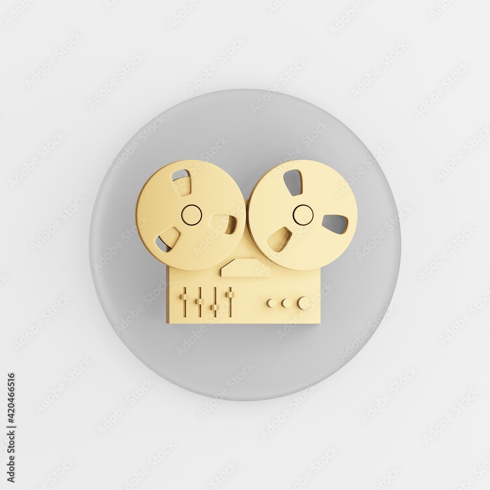 Poster golden bobbin tape recorder icon. 3d rendering gray round key button, interface ui ux element.