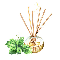 Melissa or lemon balm liquid in a glass bottle with sticks and a brunch. Freshener. Watercolor hand drawn illustration, isolated on white background