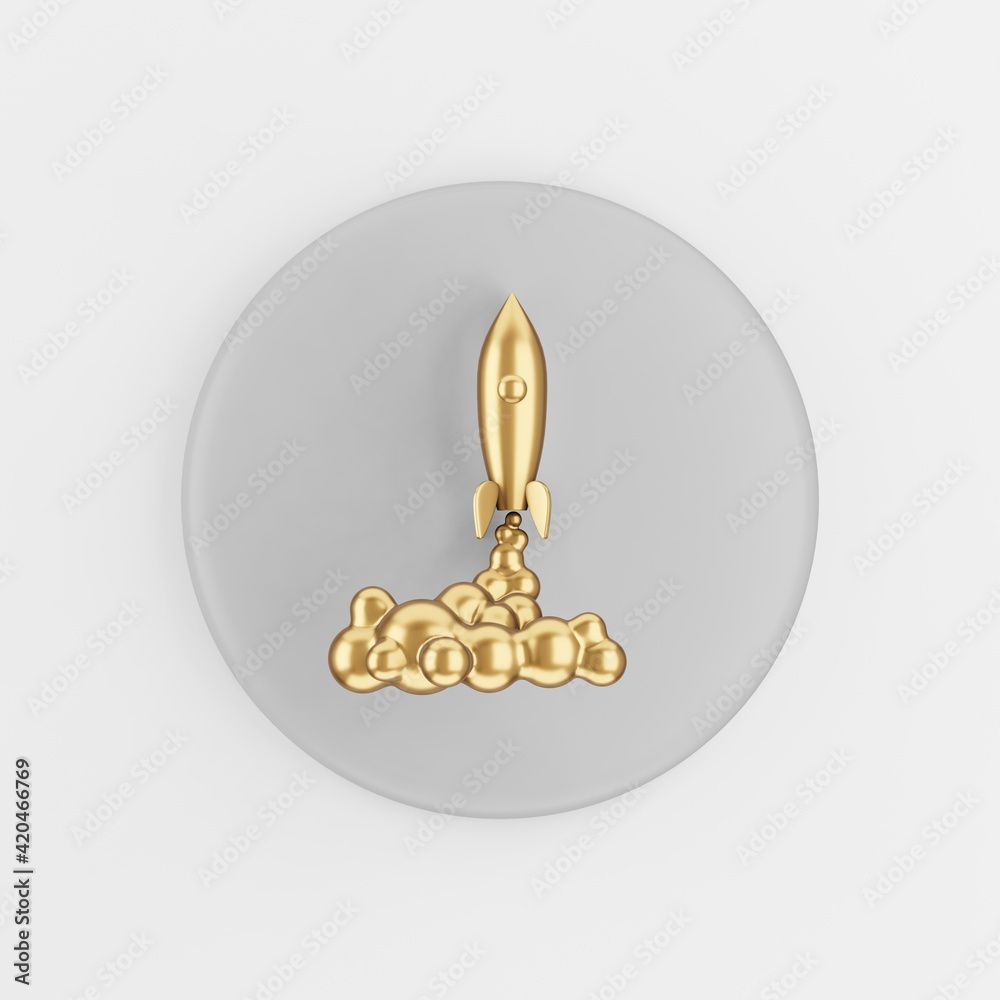 Poster golden space rocket launch icon. 3d rendering gray round key button, interface ui ux element.