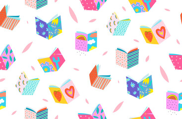 Book covers seamless pattern geometrical background on white. Simple colorful hand drawn design for reading books and studying, for wrapping paper and crafts. Vector seamless patter.