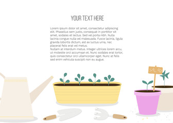 Vector banner with garden tools (watering can, flower pot, plants) and place for text on white background. Template for site, poster, web and advertising banner, article about garden, card or flyer.