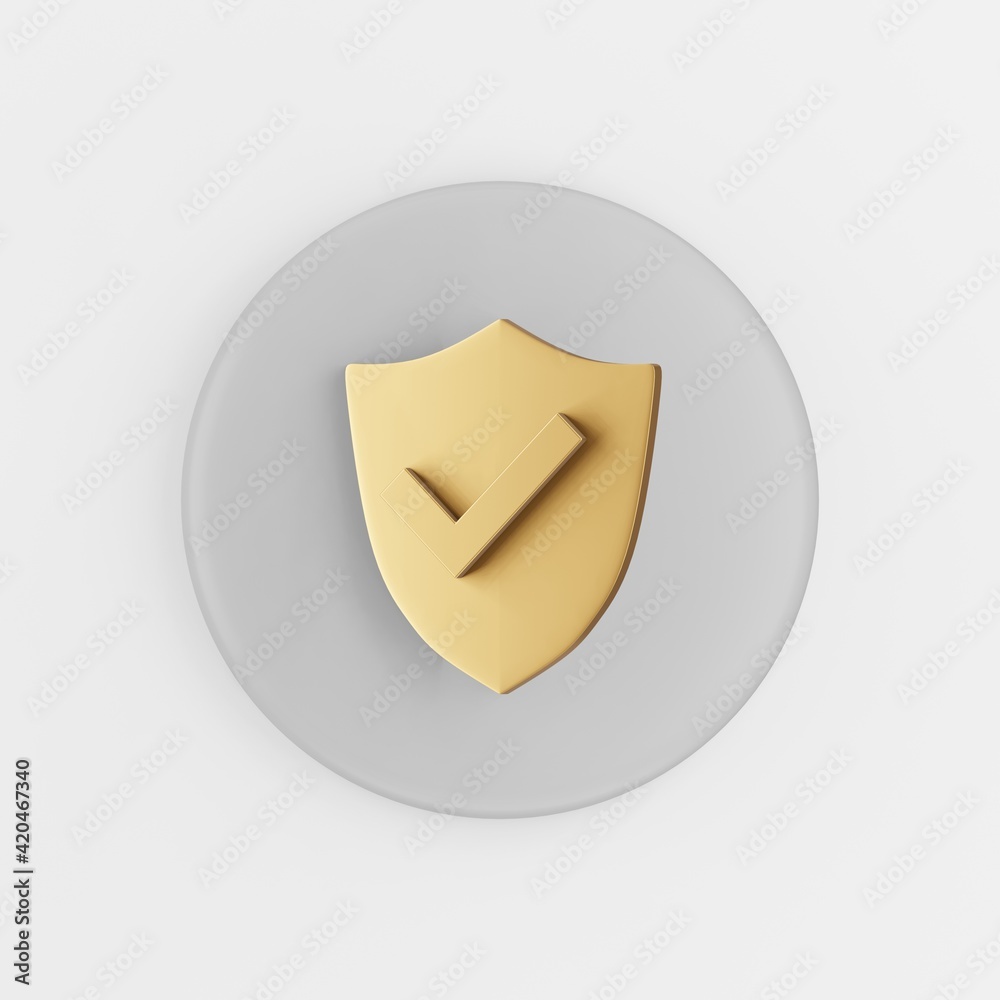 Poster golden shield icon. 3d rendering gray round key button, interface ui ux element.