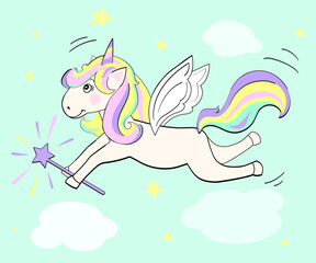 Unicorn with a magic wand. Unicorn in the clouds.fairy tale princess