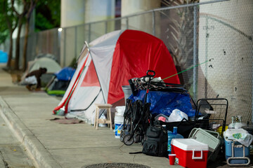 Homeless people camping Downtown Miami Florida USA SW 2nd Street - obrazy, fototapety, plakaty