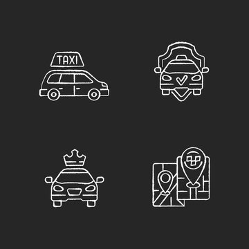 Modern Taxi Service Chalk White Icons Set On Black Background. Safe Ride. Long Distance Trips. Premier Cars . Luxury Car Rental. Minivan Taxis. Isolated Vector Chalkboard Illustrations