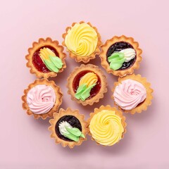 Tasty cupcakes on pastel pink background. vanilla cupcakes with pink and yellow cream.