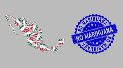 Mexico collage map created of Mexican marijuana design elements, and No Marihuana scratched watermark.
