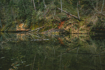 Mirror cliffs and cave surrounded by beautiful forest in Cirulisi nature trails near Cesis, Latvia