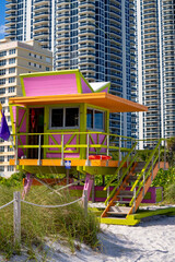 Fototapeta na wymiar Colorful lifeguard stand Miami Beach FL