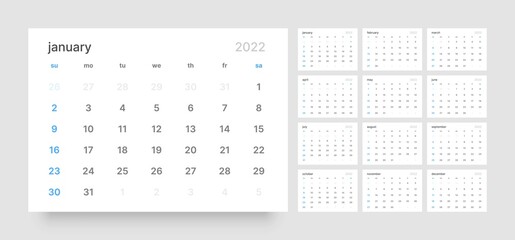 Calendar template for 2022 with week start on Sunday.