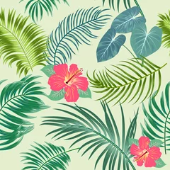 Selbstklebende Fototapeten Tropical vector seamless pattern with  leaves of palm tree and flowers © Artlu