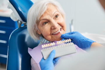 Dental professional matching tooth shade with pensioner teeth
