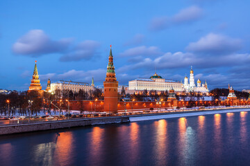 Panorama of the architectural ensemble of the Moscow Kremlin in the winter evening twilight. Russia