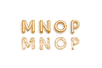 Inflated, deflated gold M N O P letters, balloon font