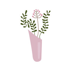 Pink decorative vase. Vector hand drawn illustration. Cute shiny floral vase whith brunch of branches and leafs. Printable for home decor.