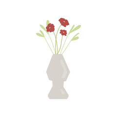 Vector hand drawn illustration. Cute shiny floral vase whith bouquet of red garden flowers. Printable for home decor.