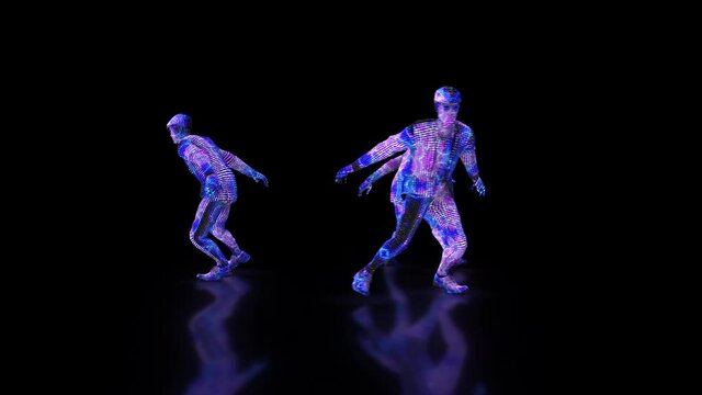 Male dance group performs in LED neon costume, 3D Rendering Animation.