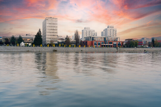 Wroclaw. View from boulevard on Pokoju Bridge and buildings also known as "sedesowce". Housing estates, Apartment blocks, modern architecture.