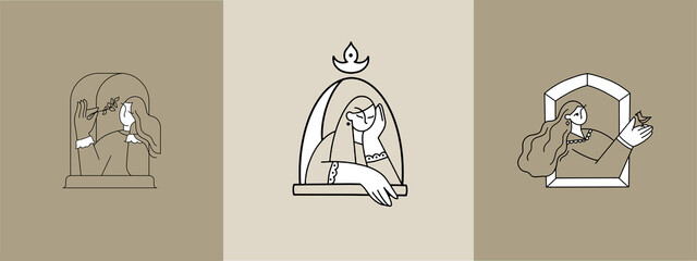 Illustration in a minimalistic linear style. The girl sits in the window and dreams, holding a flower in her hand. Delicate logo for womens business. Cartoon character. Abstract portrait of a woman.