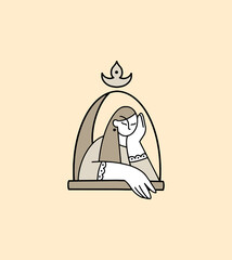 Illustration in a minimalistic linear style. The girl sits in the window and dreams, holding a flower in her hand. Delicate logo for womens business. Cartoon character. Abstract portrait of a woman.