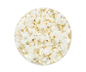 Popcorn corn cooked, in a white bowl, isolated on white background with clipping path. Top view.