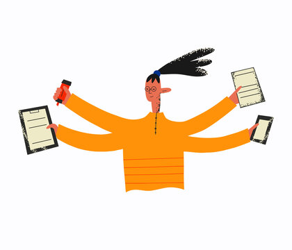 Ethnic Woman With Multiple Hands Holding Phone, Documents And Marker. Multitasking And Deadline Concept. Work Stress Metaphor. The Assistant Performs Many Tasks. Trendy Flat Textured Vector Character.