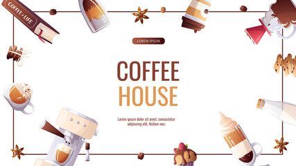 Banner for Coffee shop, Coffee house, cafe-bar, barista, drink concept. Vector illustration for poster, banner, flyer, advertising, commercial, promo, menu. 