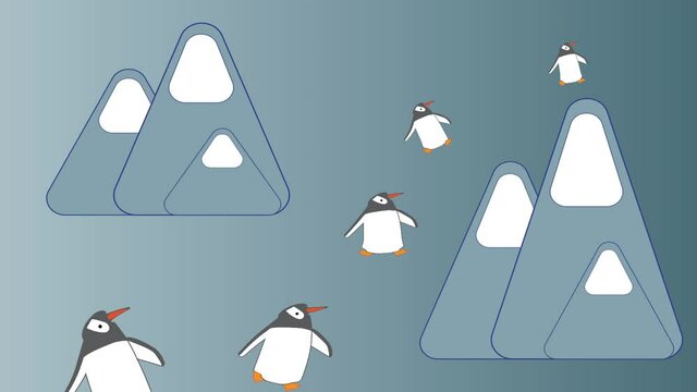 Animation of a group of penguins walking among mountains covered with snow. 