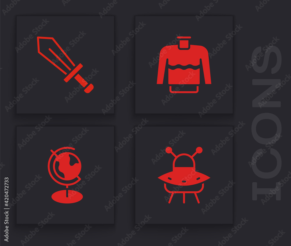 Sticker Set UFO flying spaceship, Sword for game, Sweater and Earth globe icon. Vector