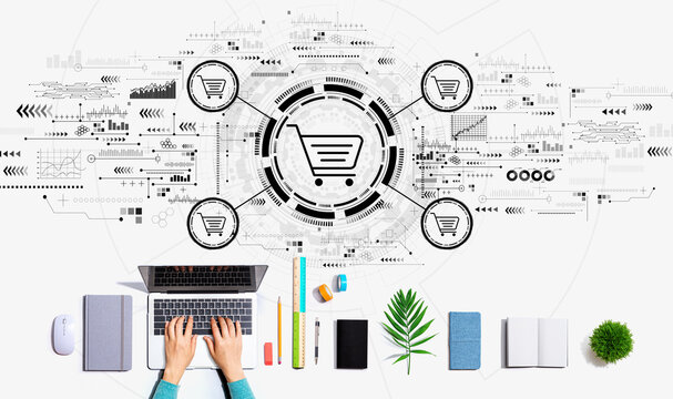 Online shopping theme with person using a laptop