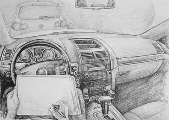 Pencil sketch inside the car - 420472904