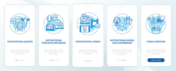 Motivational content sources onboarding mobile app page screen with concepts. Public speeches walkthrough 5 steps graphic instructions. UI vector template with RGB color illustrations