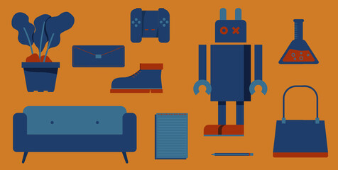 flat style vector design of cozy furniture and little items at home with indigo and orange color palette