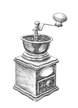 Sketch with a pencil of a manual coffee grinder