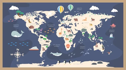 Crédence de cuisine en verre imprimé Chambre denfants La carte du monde avec des animaux de dessin animé pour les enfants, la nature, la découverte et le nom du continent, le nom de l& 39 océan, l& 39 illustration vectorielle.
