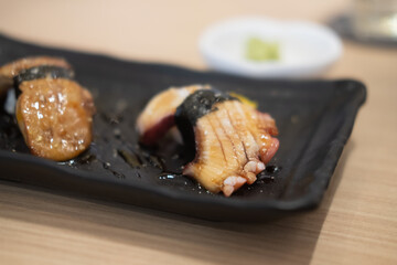 Tako squid sushi nigiri and Foie gras smoked sushi nigiri Japanese food.