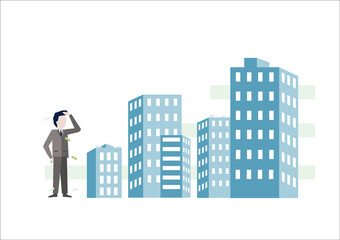 bussiness man with silhouette blue city building iillustration vector, urban cityscape estate property for sale 