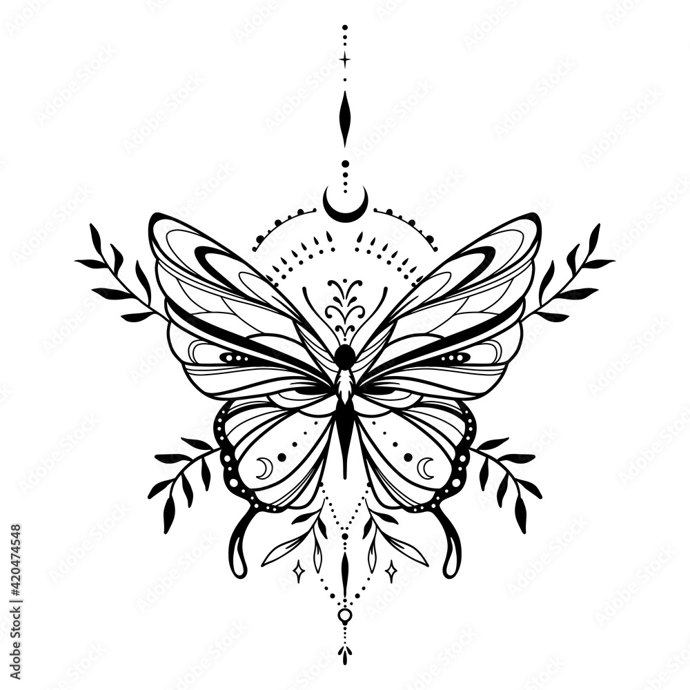 Wall mural Vector illustration with hand drawn butterfly with moon. Abstract mystic sign. Black linear shape. For you design, tattoo or magic craft.