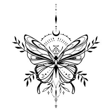 Vector illustration with hand drawn butterfly with moon. Abstract mystic sign. Black linear shape. For you design, tattoo or magic craft.