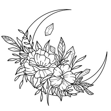 Beautiful flowers and leaves decorated crescent moon on white background